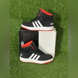 ADIDAS HOOPS MID 2.0 K , SIZE 5.5 BIG KIDS, BLACK/ WHITE/RED , BRAND NEW IN BOX